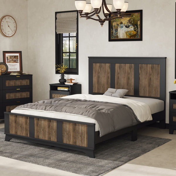 English Elm Farmhouse Wooden Platform Bed Queen with Rustic Strip Headboard, Plywood Slat Support, 700lb Capacity Black 67.32 L x 21.77 W x 7.87 H WF530906AAB