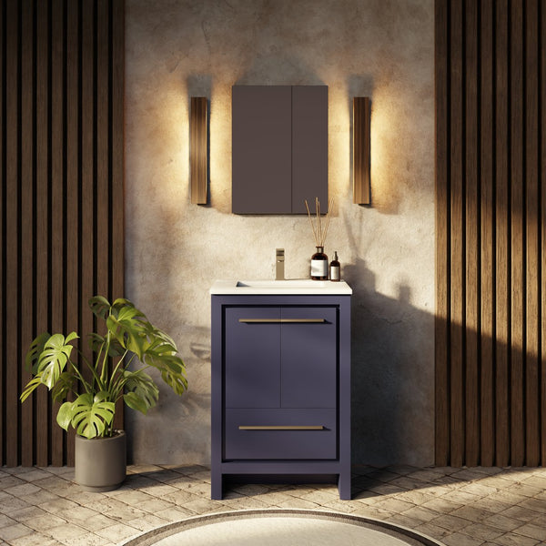 English Elm Navy Blue Single Bath Vanity Set With Cultured Marble Top, Gun Metal Faucet & Matching Mirror B2731S02029