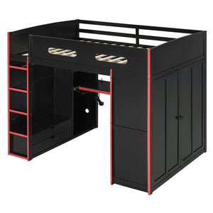 English Elm Full Size Gaming Loft Bed with Rgb Lighting Desk Wardrobe and Built-in Storage Red LT100261AAR