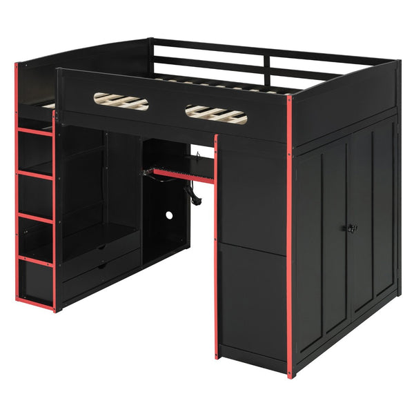 English Elm Full Size Gaming Loft Bed with Rgb Lighting Desk Wardrobe and Built-in Storage Red LT100261AAR