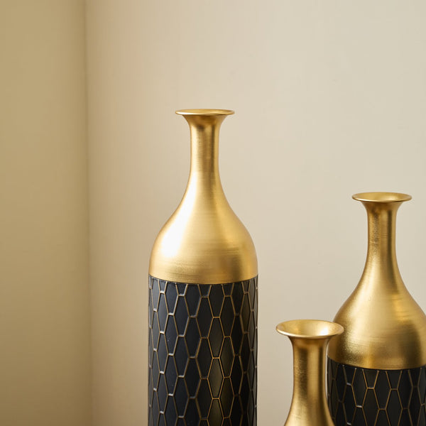 English Elm Black Black and Gold Metal Vase Set of 3 Tall Cylinder Floor Vases – Glam Textured Wedding & Home Décor W2796P278078