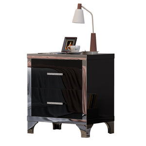 English Elm High Gloss Mirrored 2 Drawer Nightstand Slim Metal Legs Modern Bedroom Side Table Black W5271P416537