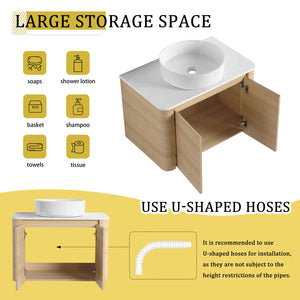 English Elm 30'' Wall-Mounted Bathroom Vanity With Ceramic Art Sink, Soft-Close Doors & Modern Plywood Design W999S00462