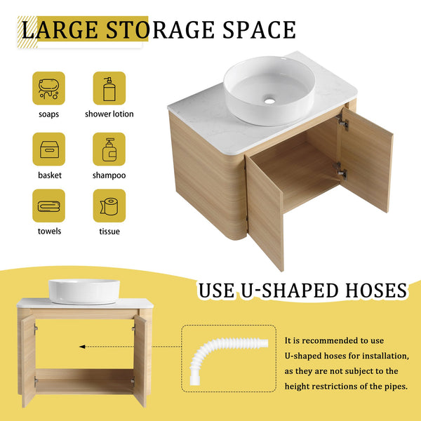 English Elm 30'' Wall-Mounted Bathroom Vanity With Ceramic Art Sink, Soft-Close Doors & Modern Plywood Design W999S00462