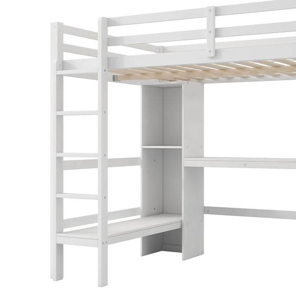 English Elm Full Size Loft Bed With Under-Bed Desk & Multifunction Shelves - Space-Saving White Design For Teens N7090005004K
