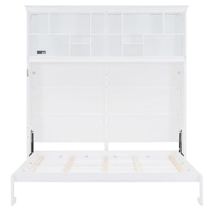 English Elm Queen Murphy Wall Bed Cabinet with Integrated Shelves Usb Charging Space Saving Design White LP006668AAK-1