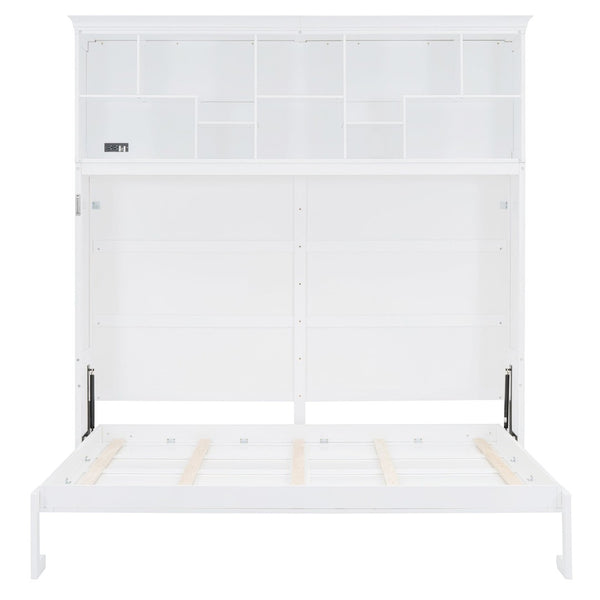 English Elm Queen Murphy Wall Bed Cabinet with Integrated Shelves Usb Charging Space Saving Design White LP006668AAK-1