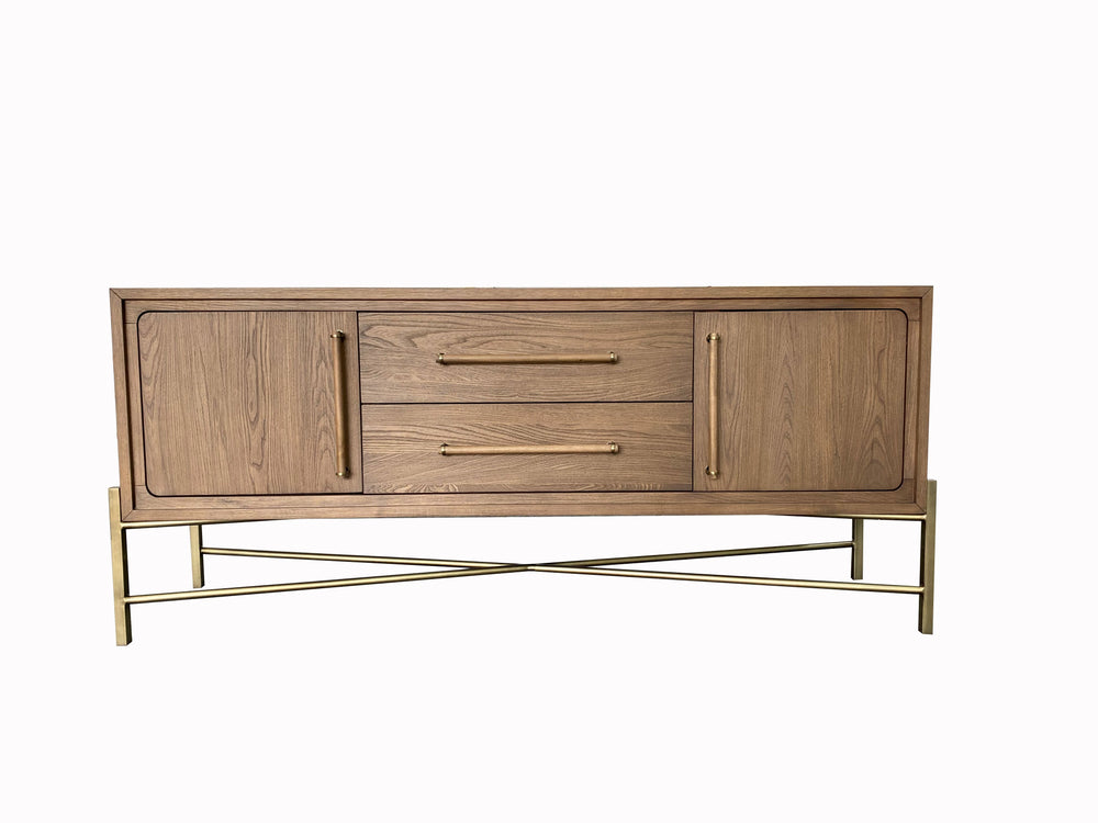 English Elm Metal Base Latte Sideboard with USB Charging Ports, Elm Veneer Finish, Solid Wood & MDF Storage Elegance B2699P238657