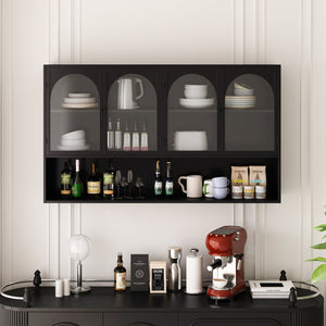 English Elm 47.25" Four-door Glass Wall Cabinet Storage - Durable Iron & Tempered Glass, Space-Saving Vertical Organizer Black W757P205949