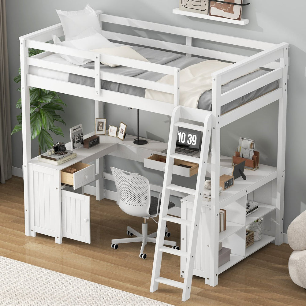 English Elm Full Loft Bed with U-Shaped Workstation, Built-In Drawers, Shelves & Cabinet for Space Saving White GX001039AAK