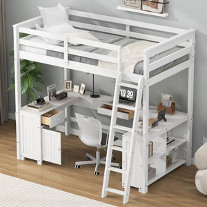 English Elm Full Loft Bed with U-Shaped Workstation, Built-In Drawers, Shelves & Cabinet for Space Saving White GX001039AAK