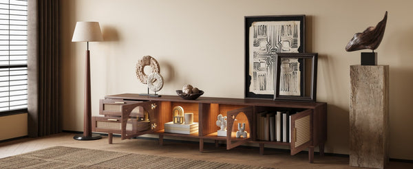 English Elm Rattan Door Media Console with Pine Legs Modern Farmhouse Tv Stand for Large Living Rooms N710P365042P