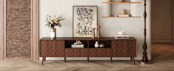 English Elm 78 Inch Walnut Entertainment Center Fluted Doors Solid Wood Legs for Living Room N710P372591P