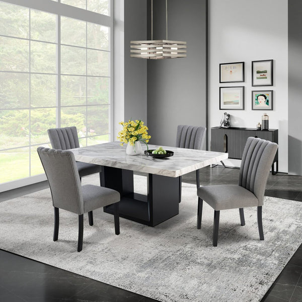 English Elm SHEENA Solid Wood 5PC Dining Set with White Faux Marble Top, Black Base & Grey Upholstered Chairs B201S00333