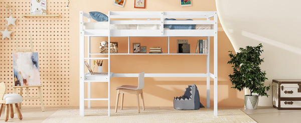 English Elm Twin Loft Bed with Built-In Desk and Bookcase, Pine Frame, Safety Guardrail, Ladder for Study Space White W504P181854