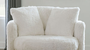 English Elm 1pc Plush Swivel Round Accent Chair in White Faux Fur with Oversized Pillows, Curved Track Arms, Cozy Lounge Comfort B2741P378642