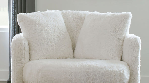 English Elm 1pc Plush Swivel Round Accent Chair in White Faux Fur with Oversized Pillows, Curved Track Arms, Cozy Lounge Comfort B2741P378642