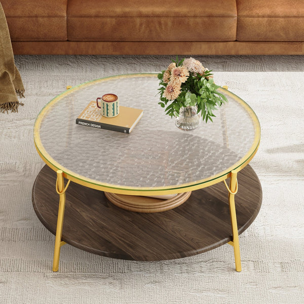 English Elm Modern 47.2" Rectangular Coffee Table with Sleek Black Top, Gold Metal Base and Four Drawers for Stylish Storage and Durable Contemporary Living Room Furniture Gold+Glass,Walnut N735P350390D