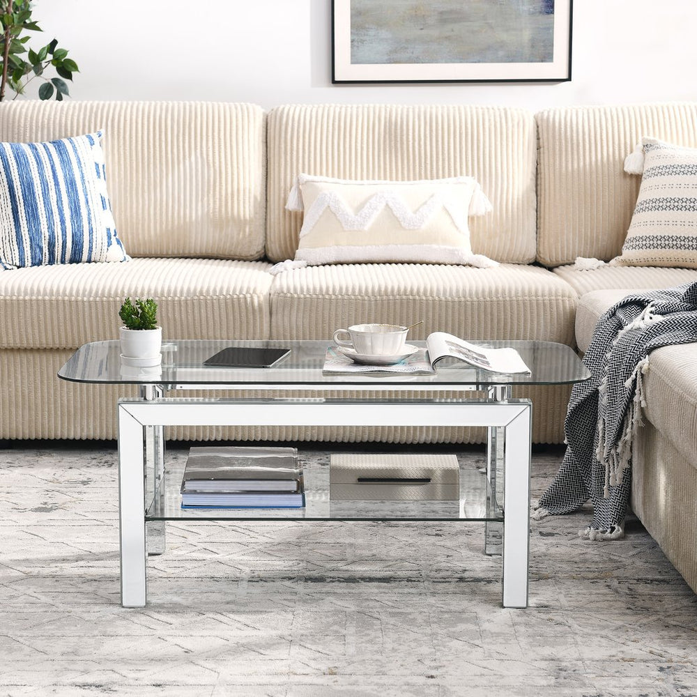 English Elm Rectangle Mirrored Tempered Glass Coffee Table with Lower Shelf, Modern Stainless Legs, Sleek Silver Finish W1005P261281