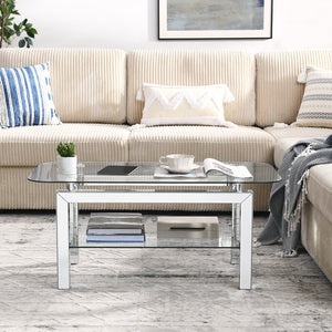 English Elm Rectangle Mirrored Tempered Glass Coffee Table with Lower Shelf, Modern Stainless Legs, Sleek Silver Finish W1005P261281