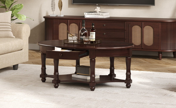 English Elm Vintage Oval Coffee Table With Drawer And Open Shelves, French Country Style Accent Table In Walnut N735P277388D-GIGA