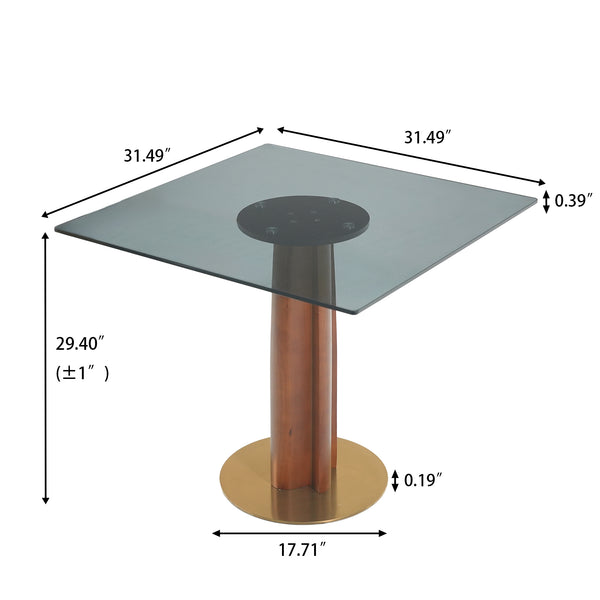 English Elm Modern Square Dining Table, 33.5" Glass Top With Wooden Legs & Gold Base - Stylish, Space-Saving Design W1535S00605