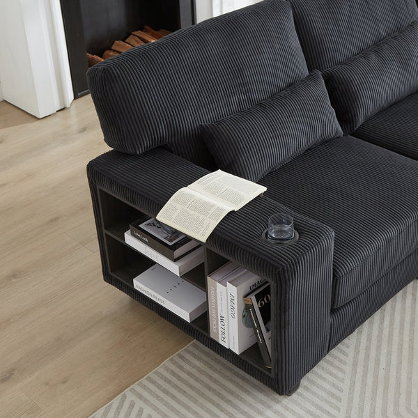 English Elm 102.75*102.75" L-Shaped Modular Sectional Sofa with Corduroy Upholstery, Storage Arm, Cup Holder, 5-Seat Convertible Lounge Black W1926S00052