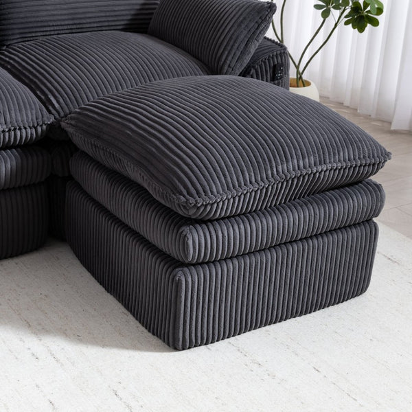 English Elm L Shaped Corduroy Modular Sectional with Cloud Cushions Footstool and Lumbar Pillows Gray W395S00140