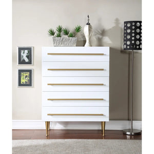 English Elm Contemporary 5-Drawer Chest with Brushed Gold Legs and Handle, Durable Wood Construction, Sleek Bedroom Storage White 39 L x 21 W x 43 H B011P353752