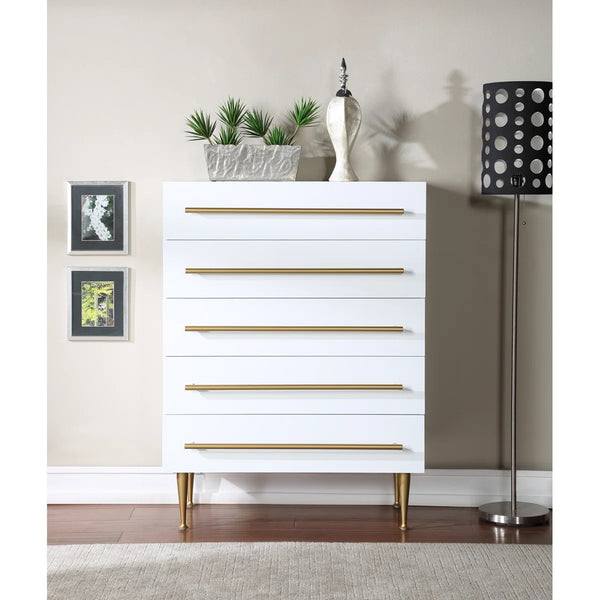 English Elm Contemporary 5-Drawer Chest with Brushed Gold Legs and Handle, Durable Wood Construction, Sleek Bedroom Storage White 39 L x 21 W x 43 H B011P353752