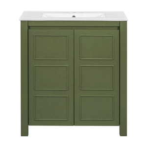 English Elm 30'' 30'' Farmhouse Bathroom Vanity Olive Green with Ceramic Sink, Adjustable Shelves, Soft-Close Doors, Rustic Wood Frame N729P290712F