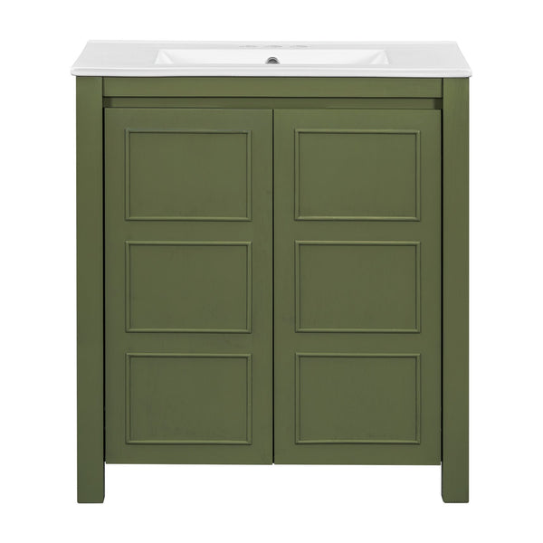 English Elm 30'' 30'' Farmhouse Bathroom Vanity Olive Green with Ceramic Sink, Adjustable Shelves, Soft-Close Doors, Rustic Wood Frame N729P290712F