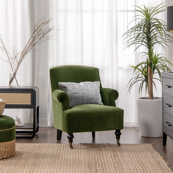 English Elm Jennifer Taylor Home - Eloise Handcrafted 4-Pleat Sock Arm Accent Chair in Olive Green Velvet — Compact Camelback Comfort B2719P238255