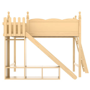 English Elm Twin Loft Bed Solid Pine Frame with Wardrobe Shelving Detachable Slide Kids Room Natural W5305S00022