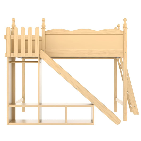 English Elm Twin Loft Bed Solid Pine Frame with Wardrobe Shelving Detachable Slide Kids Room Natural W5305S00022