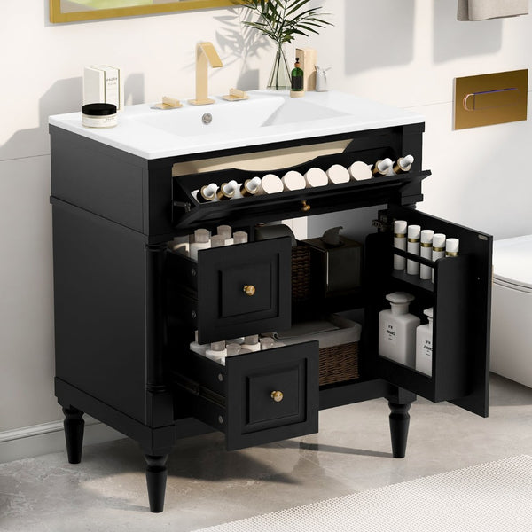 English Elm 30" Freestanding Bathroom Vanity Rubberwood Frame Ceramic Sink Flip Drawer Storage Black N725P356062B