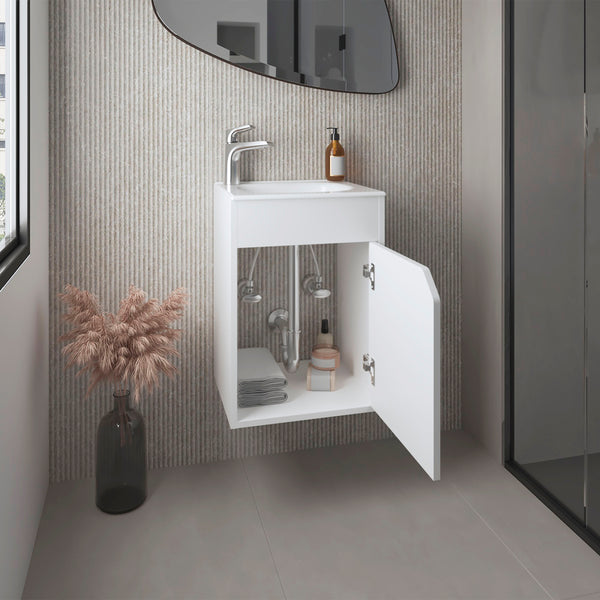 English Elm Bethel Floating Wide One-Door Vanity 15.7" Wall-Mounted Resin Sink White Compact Modern Storageဒီ B200P335301