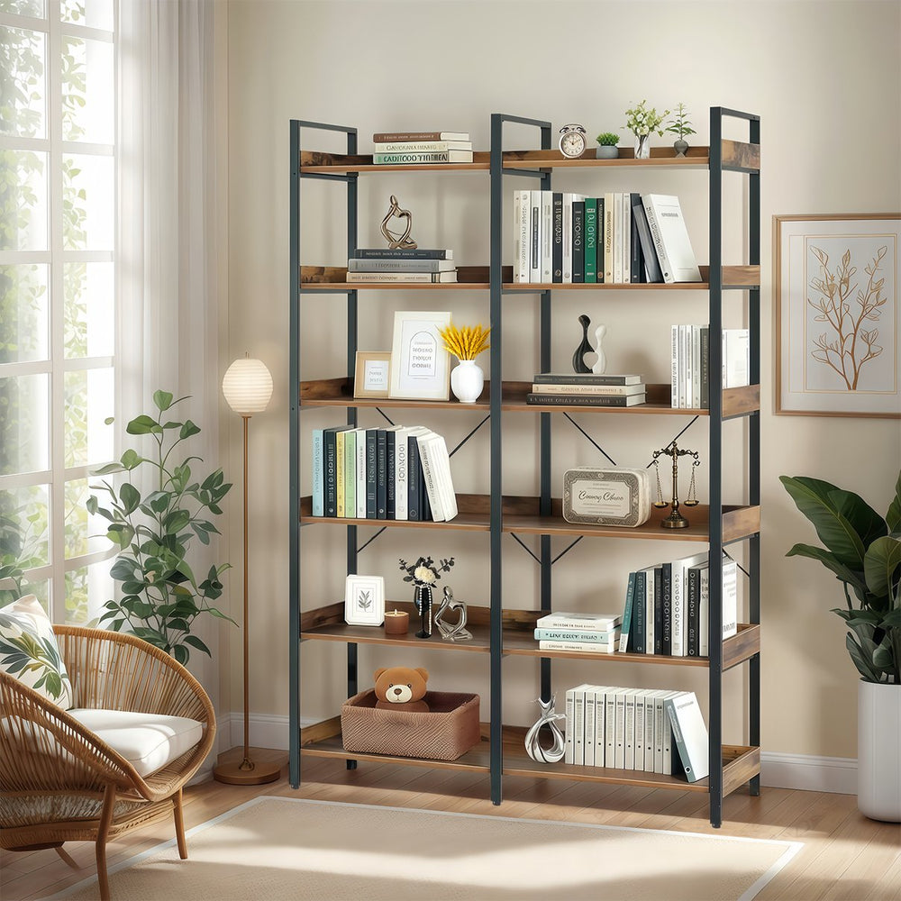 English Elm 6-Tier Industrial Bookshelf 67" Black+Brown Metal Frame with 12 Open Shelves, Edge Guards & Stable Design W3204P354206