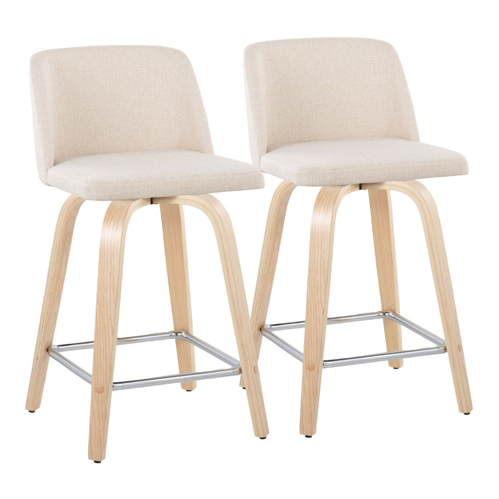 English Elm Toriano 24" Swivel Counter Stools - Set Of 2 In Cream Fabric & Natural Wood With Chrome Footrest B202S00115-GIGA