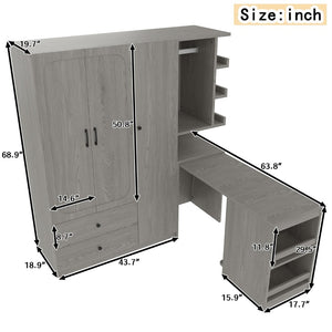 English Elm Multifunctional Wardrobe Cabinet with Fold Out Desk Hanging Rod and Storage Drawers Gray W1580S00476