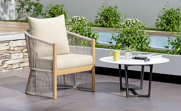 English Elm Christopher Knight Home® - Modern Beige Curved Aluminum Lounge Chair with Rope-Weave, Weatherproof Cushions for Patio Comfort N767P237033B