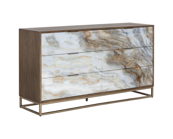 Sunpan FUENTES Dresser: Glamorous Oak Veneer & Acrylic Doors with Brass Base – Stylish Storage Solution! 106750