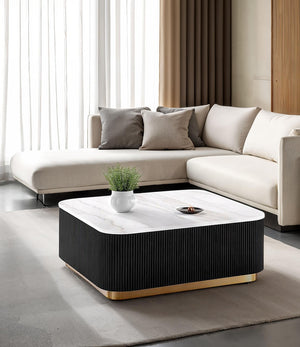 English Elm 3pc Modern Living Room Table Set with Open Bottom Shelf and Plinth Base in Medium Finish, Stylish centerpiece for seating areas Black,Gold,White 38 L x 38 W x 17 H B2741S00655