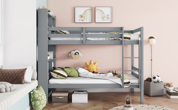 English Elm Twin Over Twin Bunk Bed With Storage Shelves, Safety Guardrails, Ladder & Convertible Design In Grey W504S00213-GIGA
