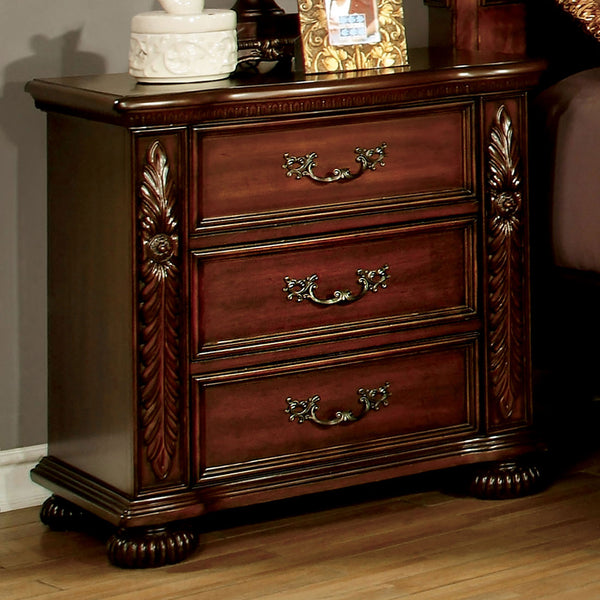 English Elm Brown Cherry Solid Wood Nightstand with 3 Drawers, Pewter Pulls, Rich Grain Accents, 28"W x 29.4"H B011P218330