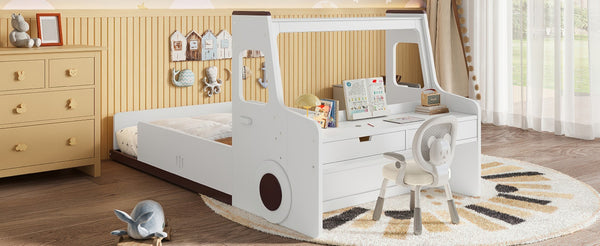 English Elm Twin Car Shaped Floor Bed with Storage Drawers and Built in Desk for Kids W1580P396323