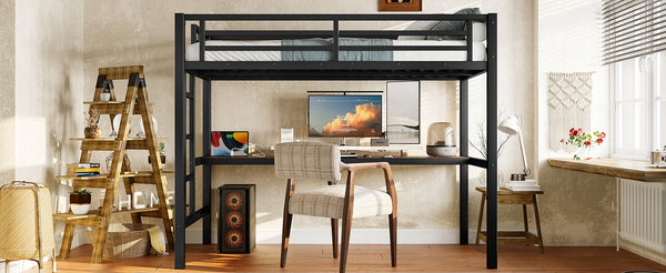 English Elm Metal Twin Loft Bed With Integrated Desk, Power Outlet, Led Lights - Space-Saving Design In Black W1580P372863