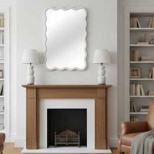 English Elm White 24"x36" Wavy Rectangle Solid Wood Frame Mirror - Elegant Bohemian Design, Tempered Glass Clarity W2203P389034
