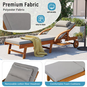 English Elm U_style Acacia Wood Outdoor Chaise Lounger with Reclining Backrest Cushions and Side Tray Gray N711P415859E