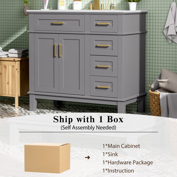 English Elm 36" Gray Modern Bathroom Vanity with Ceramic Sink, Solid Wood Frame, Soft-Close Doors & 4 Drawers N729P253935E